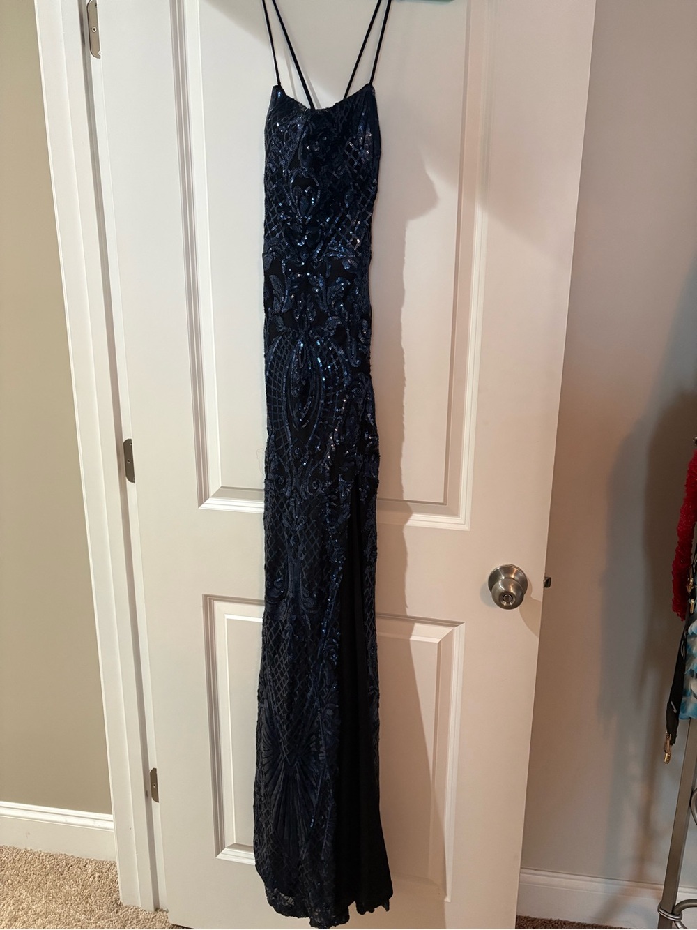 Windsor Navy Blue Sequin Fitted Prom Dress